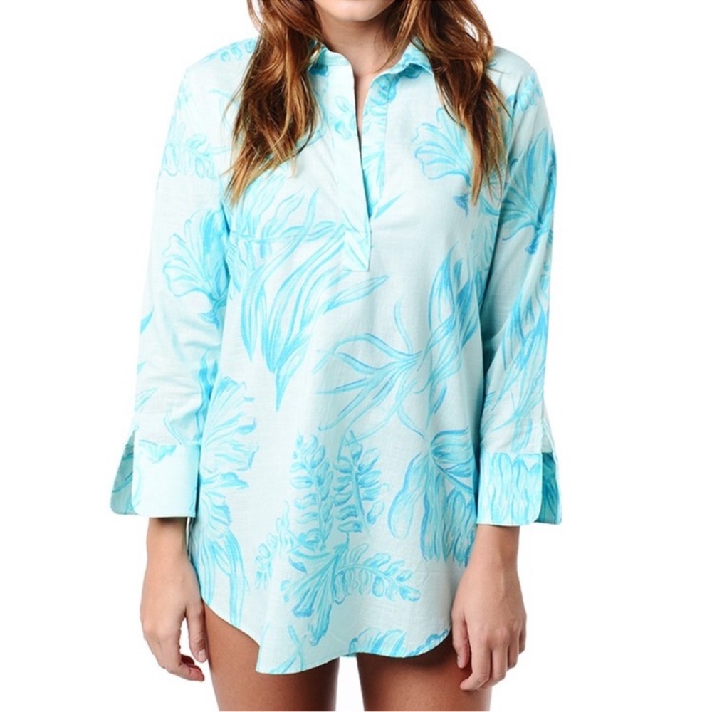 Vineyard Vines 🆕 Lucas Linen/Cotton Tunic Seaweed Print Crystal Blue Size S